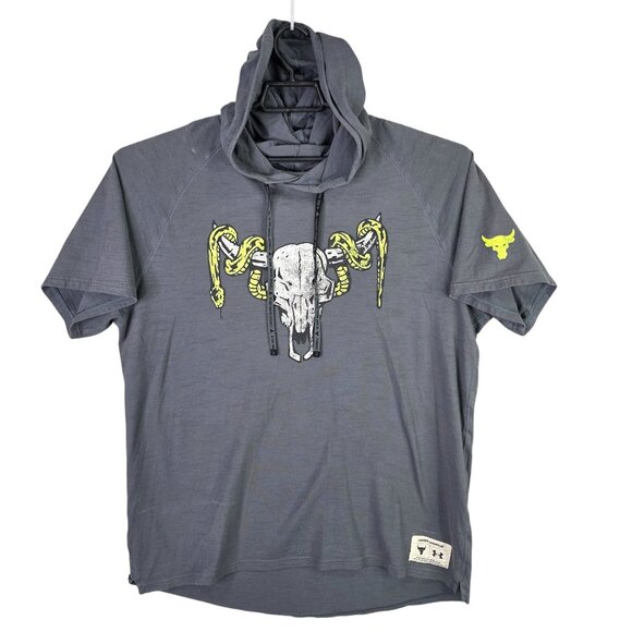 Mens Project Rock Under Armour Grey Hoodie Shirt Loose Fit Short Sleeve Size XL - Picture 1 of 8